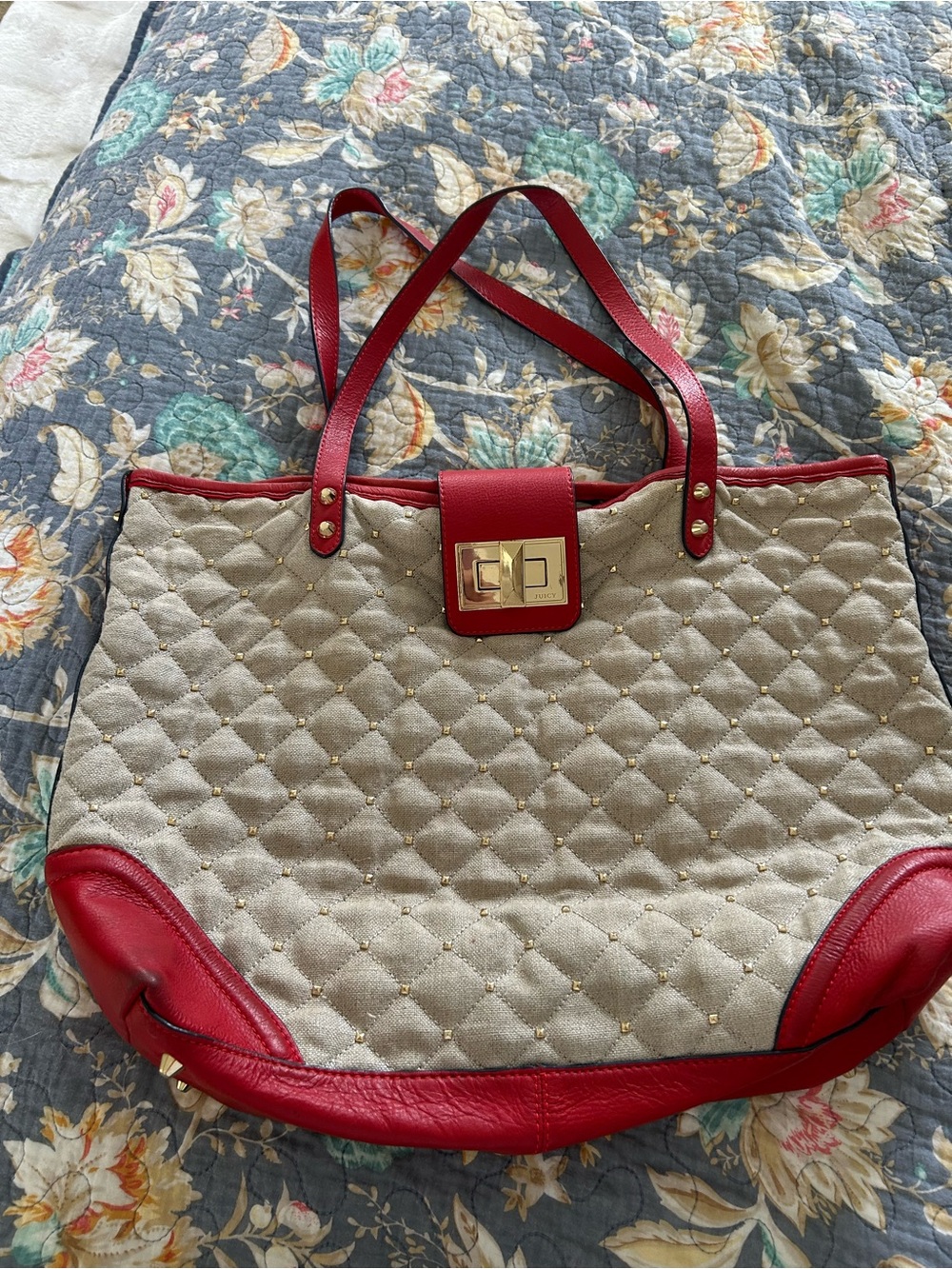 Quilted Canvas Tote with Red Leather Trim